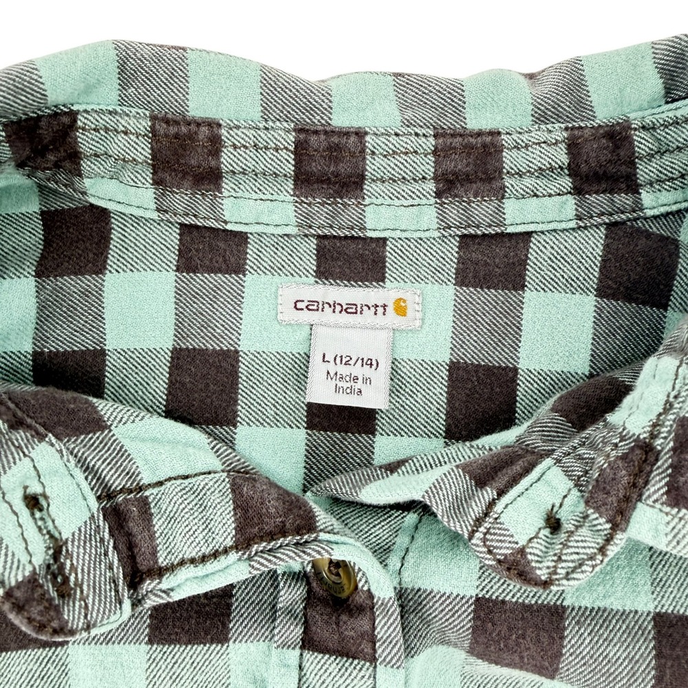 Carhartt Plaid Button Down Women L 12/14 Mint Brown Cotton Stretch Long Sleeve - Picture 4 of 10
